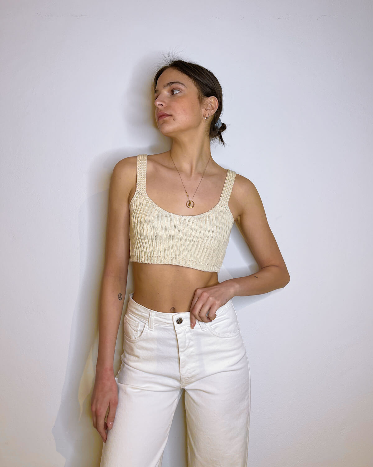 CROP TOP IN MAGLIA INGLESE ECRU - Mirror Clothing
