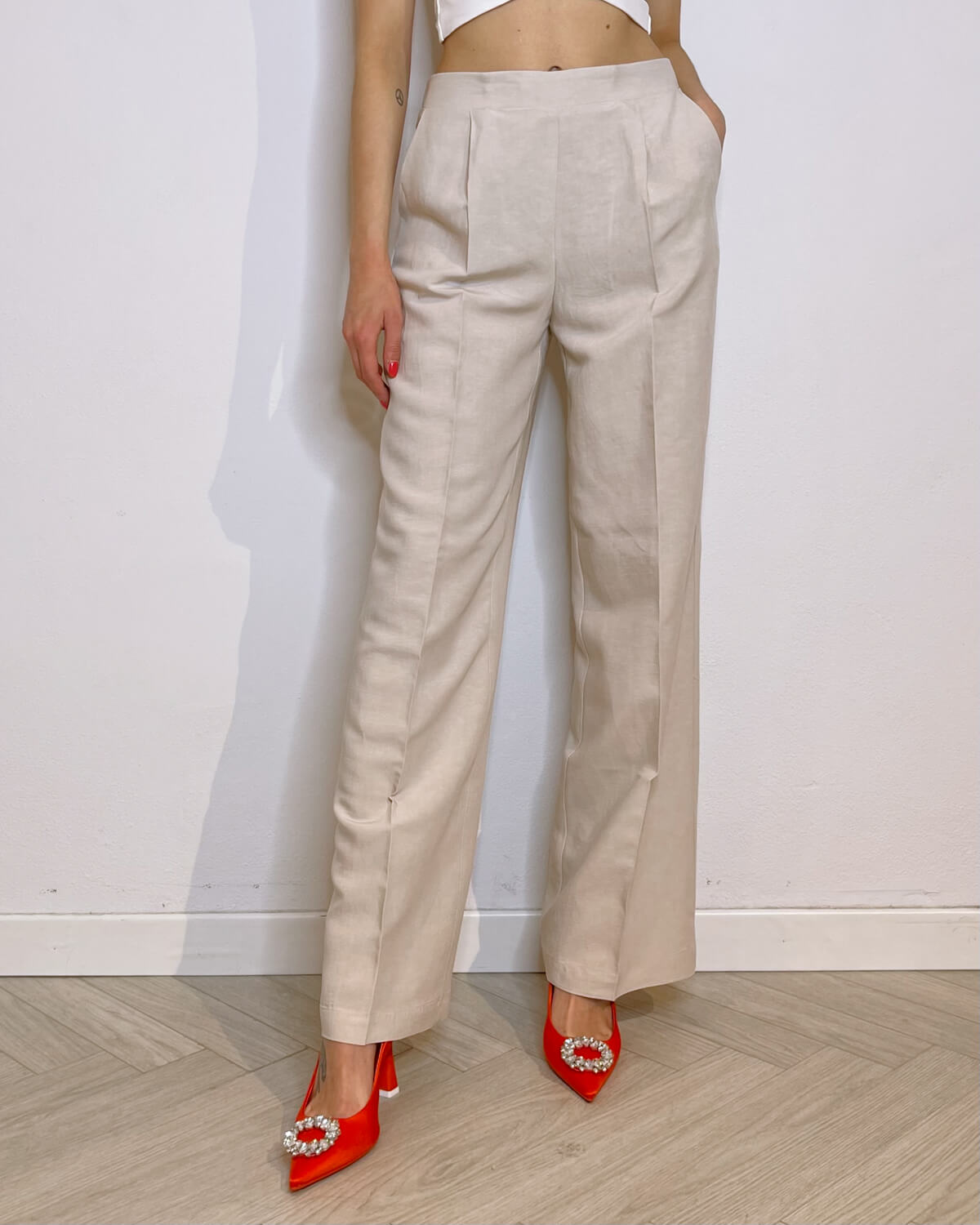 PANTALONE IN LINO A PALAZZO CON PINCES - CIRCE SABBIA - Mirror Clothing