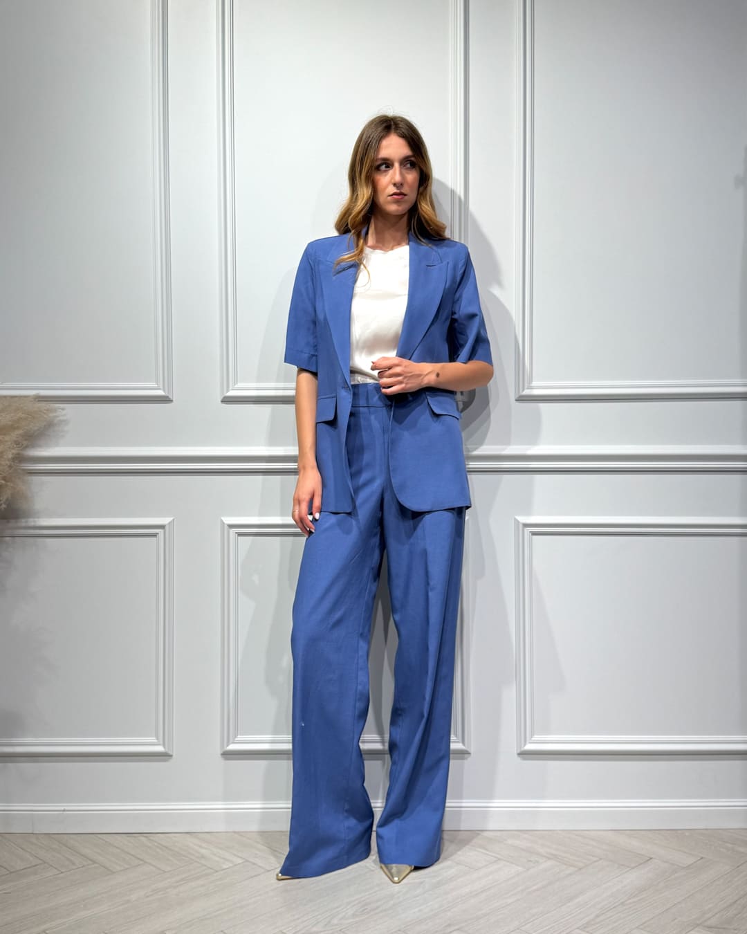 COMPLETO MISTO LINO CON BLAZER MANICA CORTA E PANTALONE PALAZZO - LAVINIA - KONTATTO
