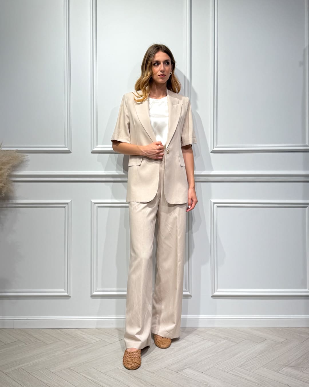 COMPLETO MISTO LINO CON BLAZER MANICA CORTA E PANTALONE PALAZZO - LAVINIA - KONTATTO