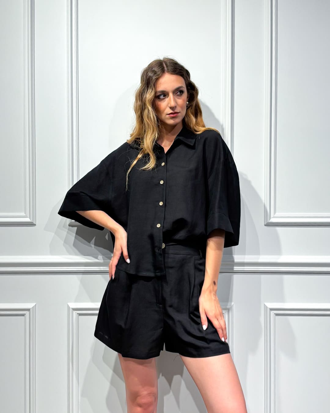 COORD CAMICIA A MEZZA MANICA E SHORTS MISTO LINO - CLEA - TENSIONE IN