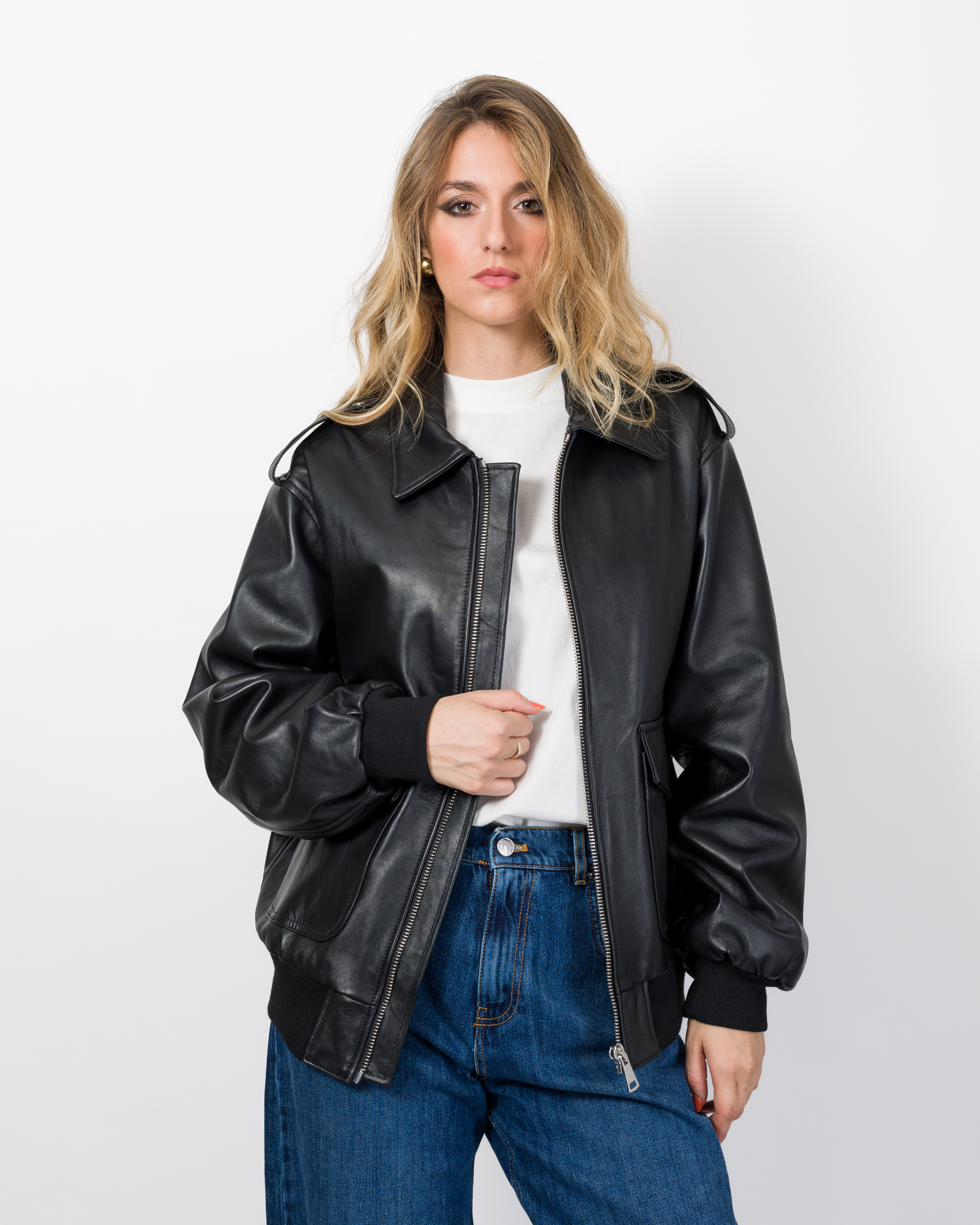 Alternative view of BOMBER OVERSIZE IN VERA PELLE - TENSIONE IN