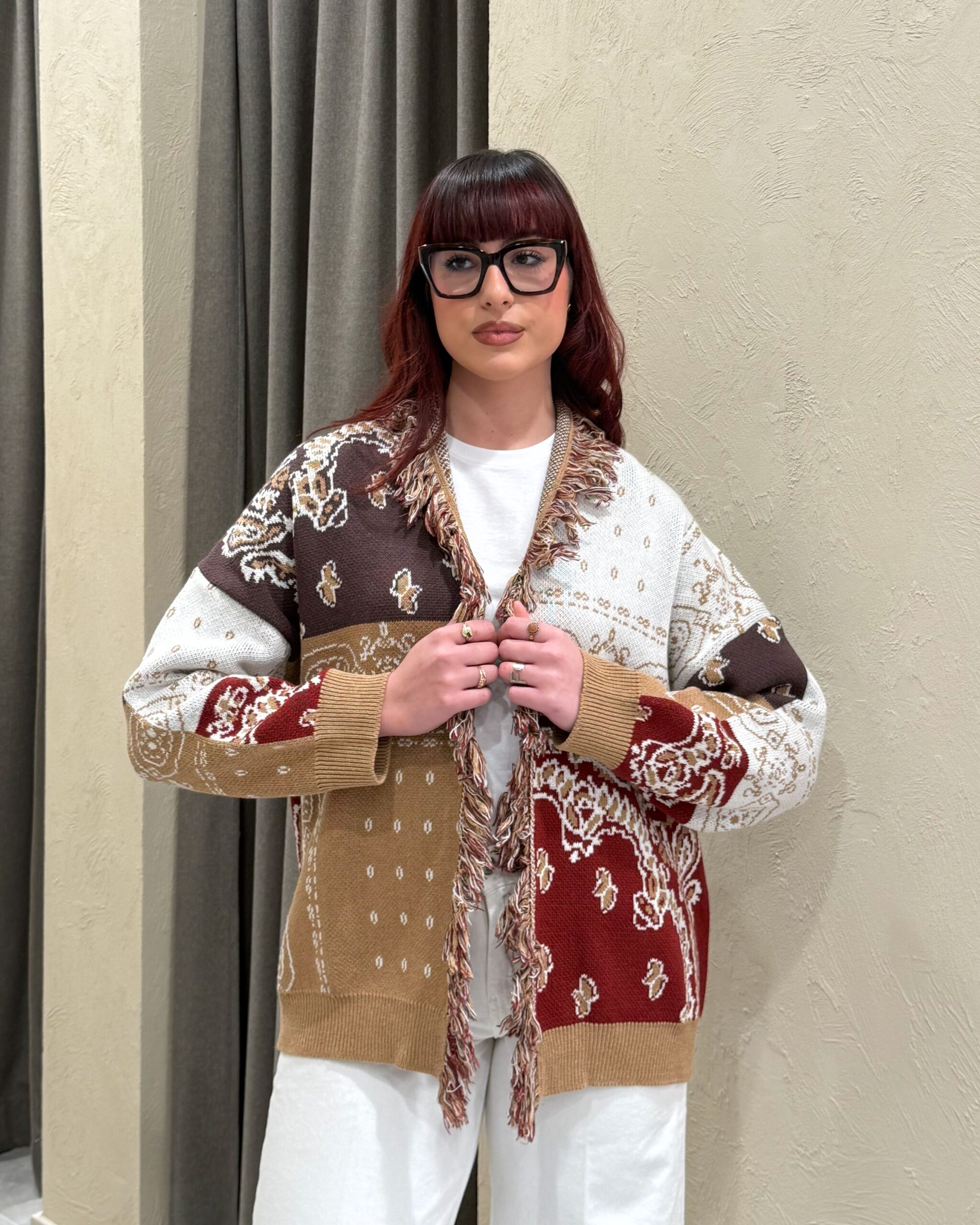 CARDIGAN JACQUARD CON FRANGE - KONTATTO